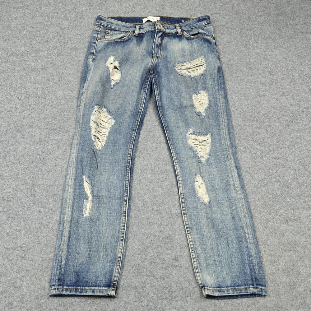 Mango MNG Jeans Nancy Relaxed Cropped Womens 2 Blue Medium Wash Distressed Denim